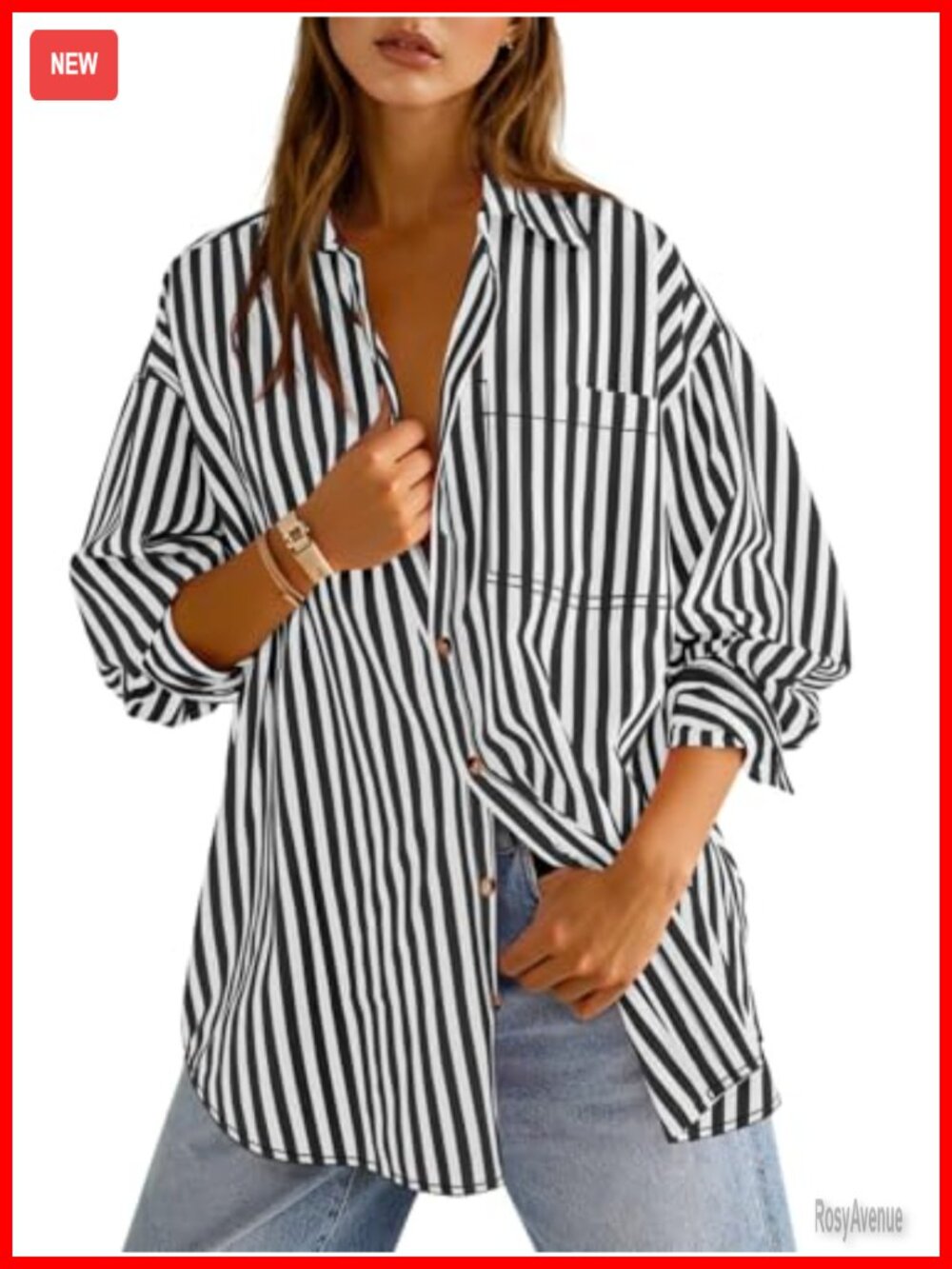 Womens Oversized Striped Button Down Shirt Cotton Blend Long Sleeve